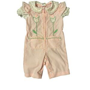 Vintage Pink Baby Jumper With Tulip Embroidery & Front Pockets  0-3 Months